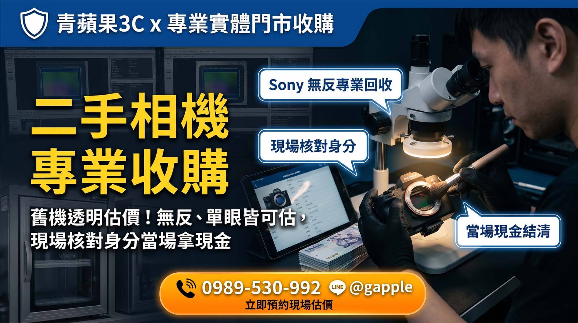 青蘋果3C 光學職人於高科技深色模式風格的專業工作坊內，為高階無反相機進行精密的 CMOS 與機械結構檢測